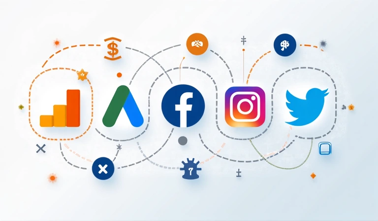 Ilustrație cu iconițe de social media și servicii de analiză, conectate prin linii de date